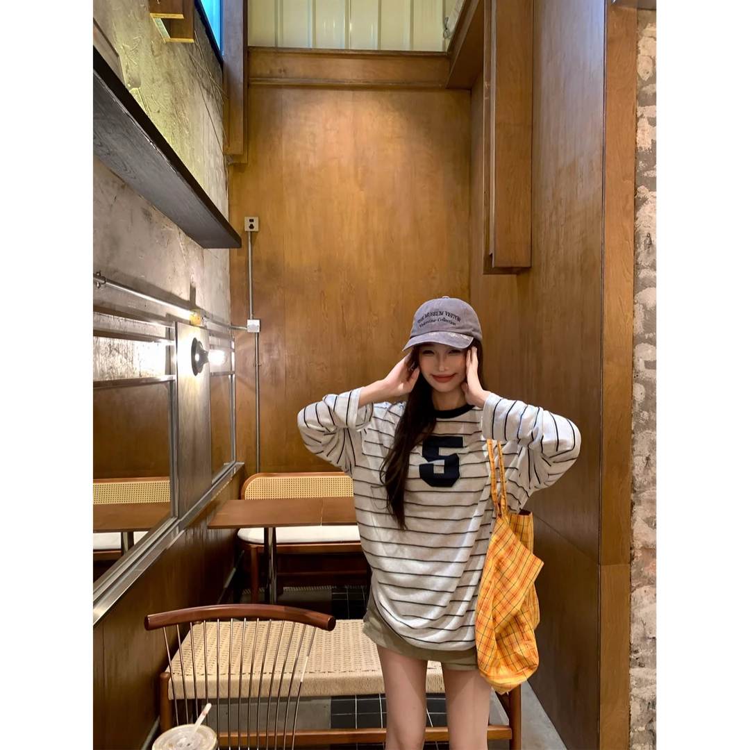 韩系条纹球衣T恤显瘦休闲宽松时尚长袖上衣女A3773