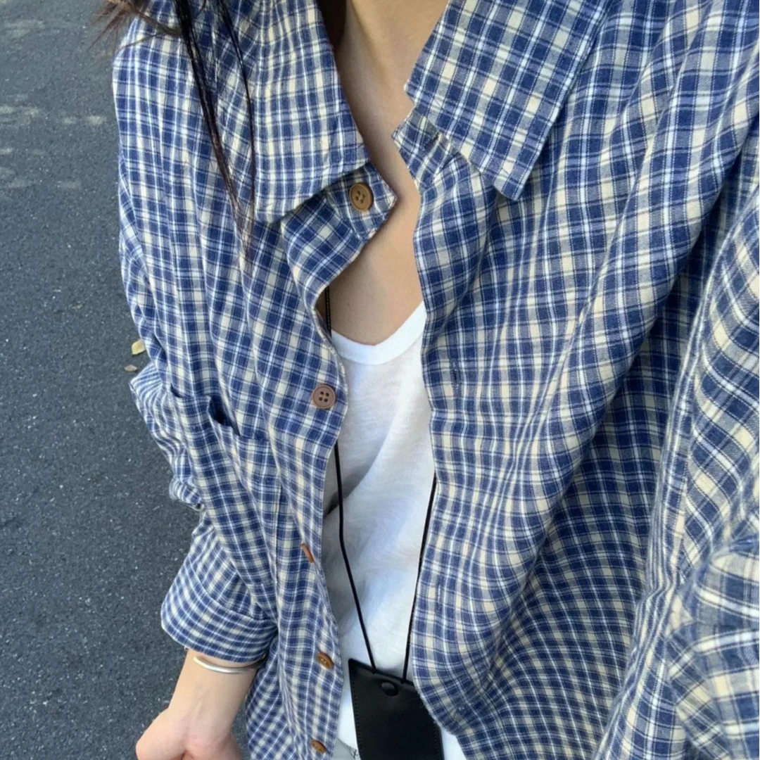 简约韩版蓝色格子衬衫女春季2025新款慵懒风宽松显瘦长袖外塔上衣