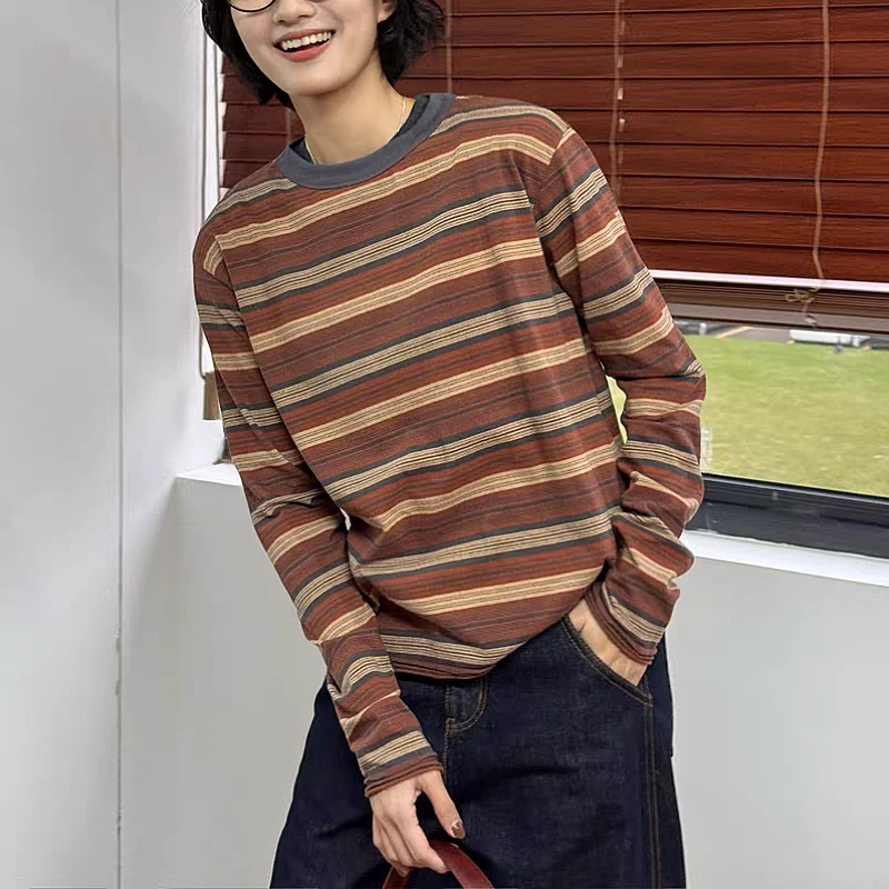 秋冬长袖条纹圆领T恤秋季打底衫时尚宽松休闲百搭内搭长袖打底