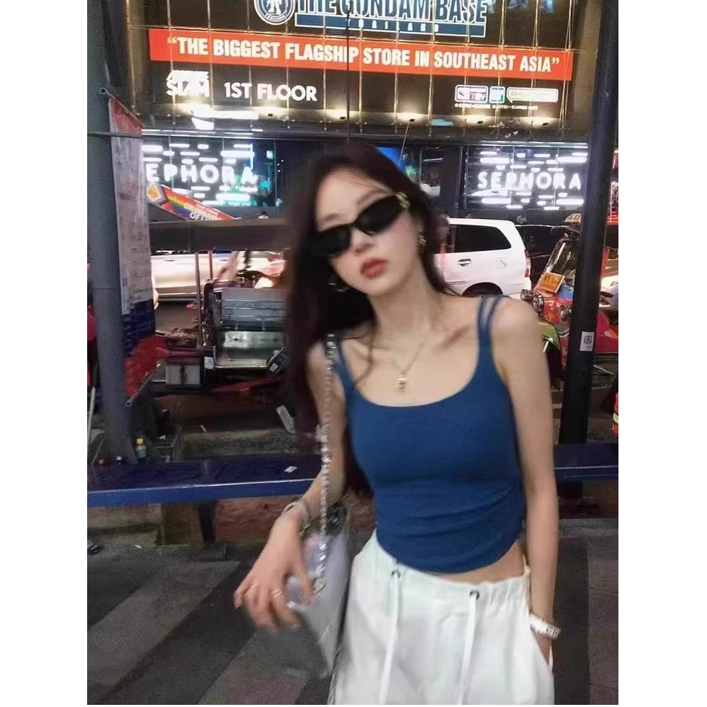 芊芊芙辣妹蓝色带胸垫吊带背心女夏季美背内搭修身短款无袖上衣