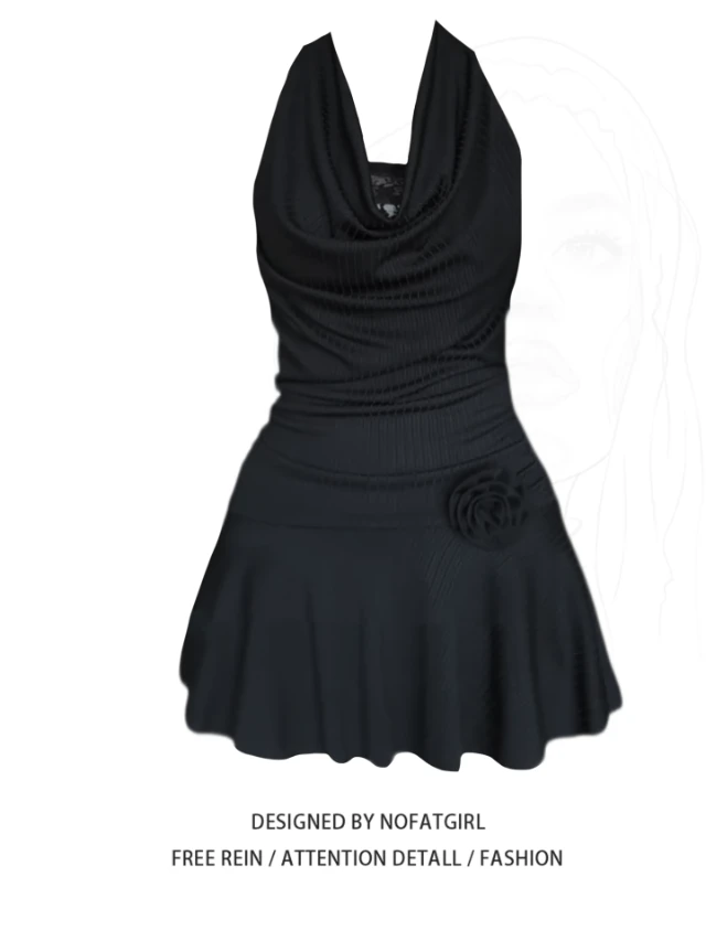 大码胖MM法式黑色荡领挂脖吊带连衣裙女夏季辣妹纯欲风掐腰短裙子