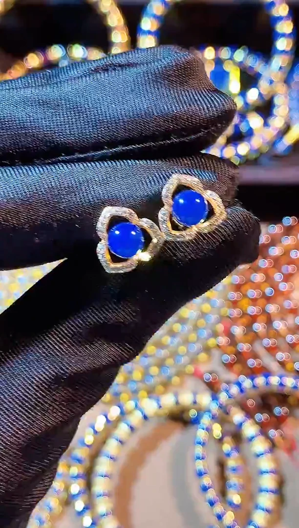 蓝珀银S925镀金镶嵌珠宝奇石多米玫瑰花耳钉