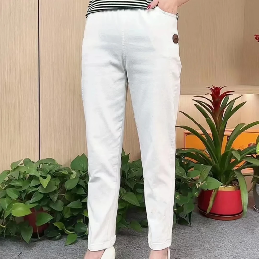 2025春夏韩版百搭休闲时尚白色哈伦裤高腰宽松弹力透气长裤