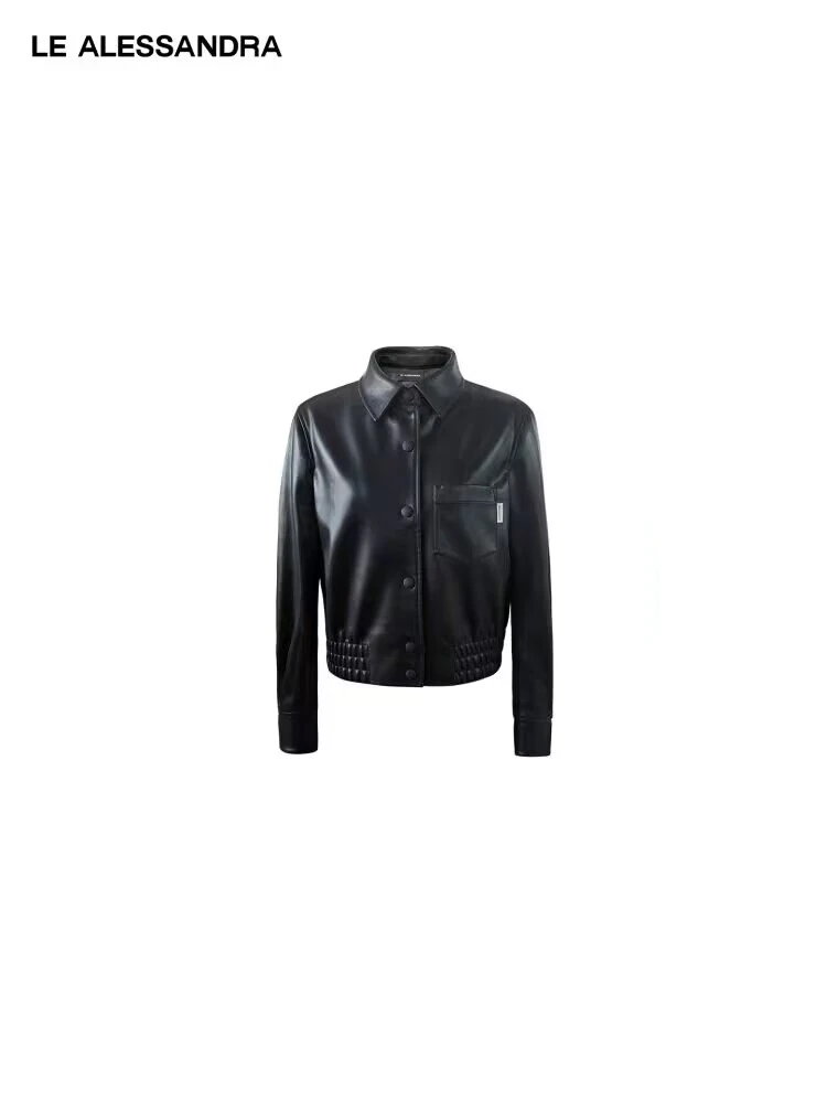 LE ALESSANDRA 工装复古翻领皮衣收腰夹克PU外套