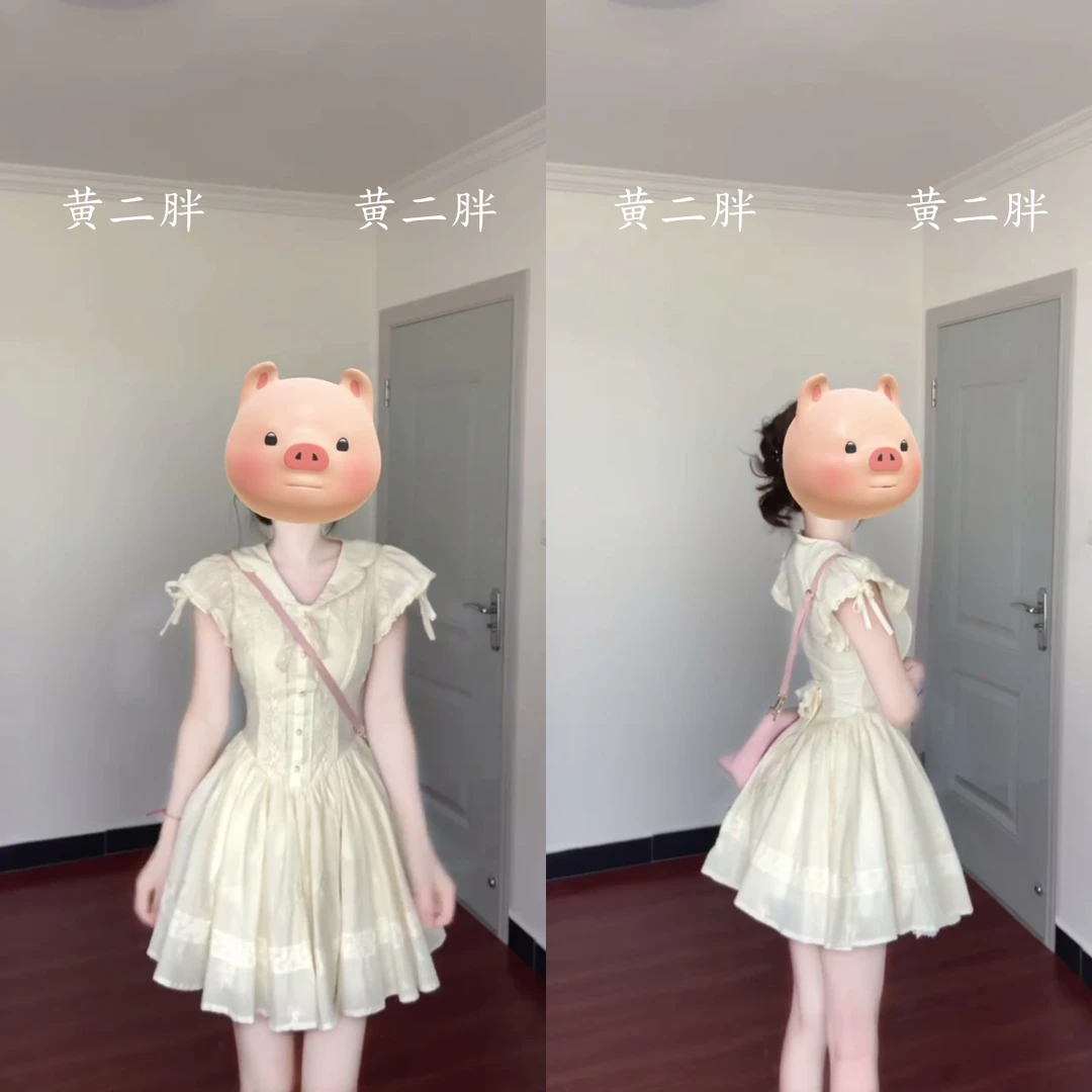 新款2025温柔甜美衬衫领泡泡袖茶歇裙气质温柔收腰连衣裙女夏季