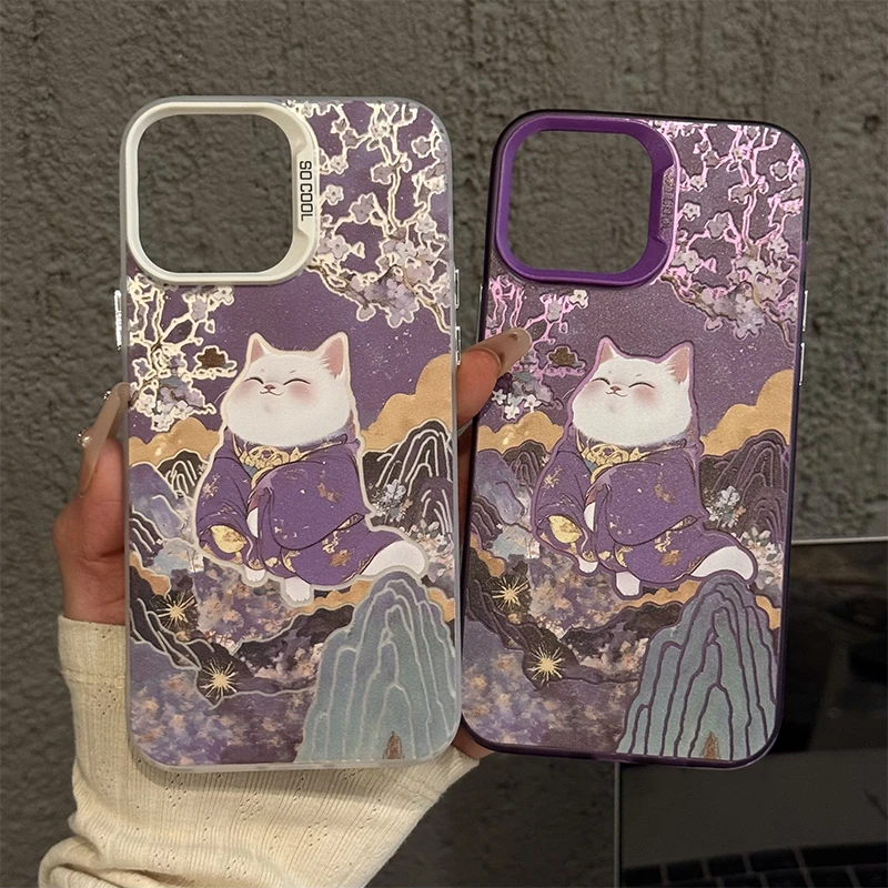 适用苹果16pro磨砂彩银手机壳oppo华为p70紫色花朵猫咪创意mate70