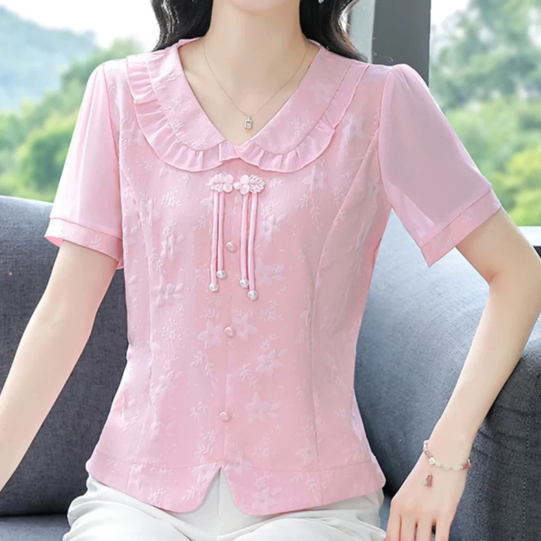 2025新款新中式短袖提花衬衫女别致雪纺洋气盘扣小衫遮肚上衣