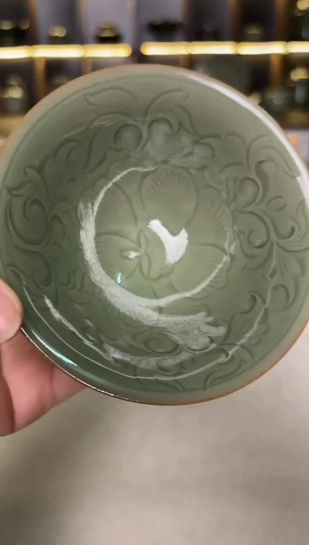 其他耀州窑纯手工内刻牡丹斗笠盏
