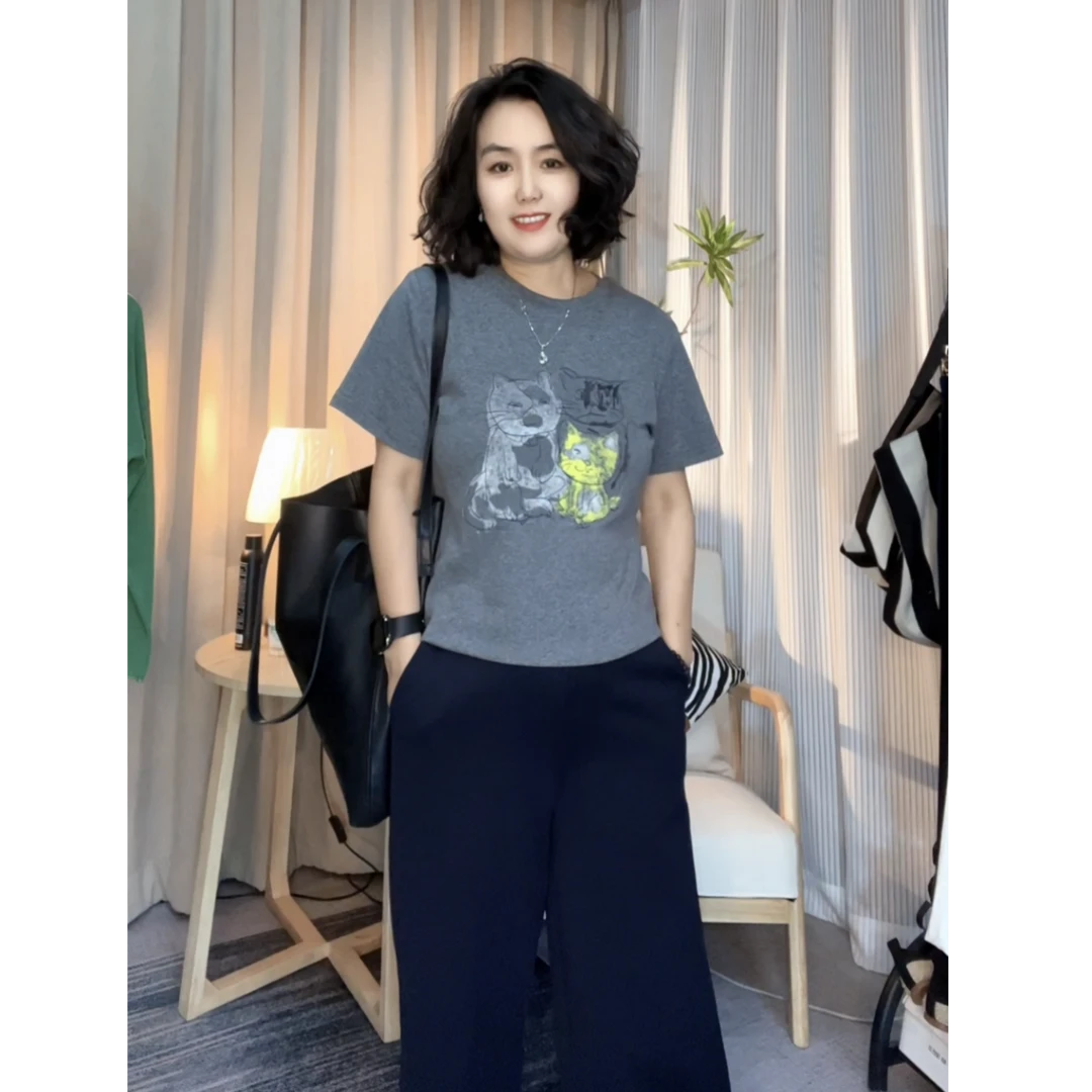 【Y.Z】定制圆领正肩修身显瘦气质时尚减龄猫咪印花短袖T恤3315