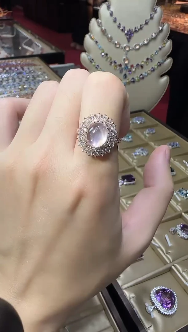 银S925镶嵌戒指芙蓉石星光粉水晶