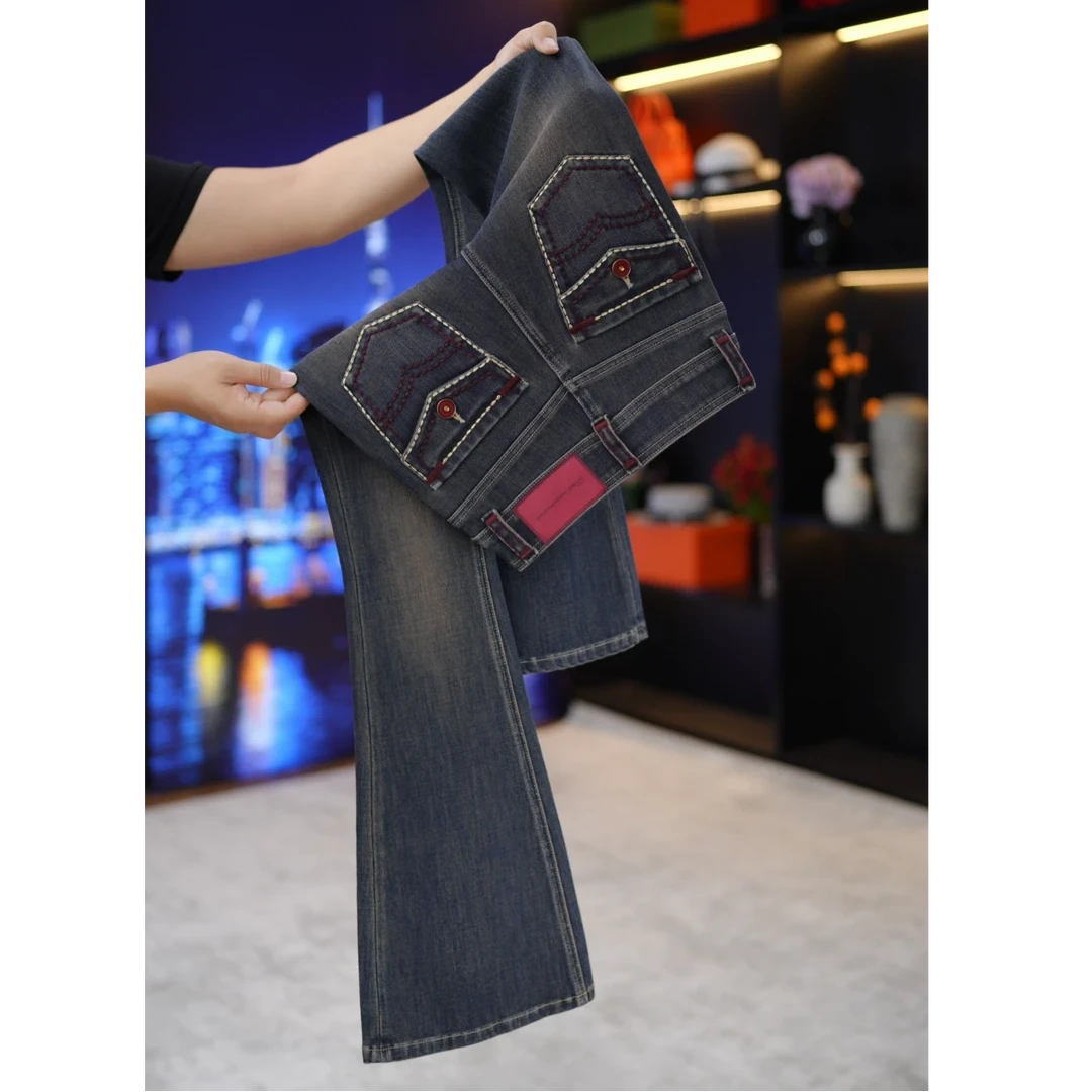 秋冬复古重工洗水显瘦高腰微喇牛仔裤女修身弹力时尚百搭微喇裤