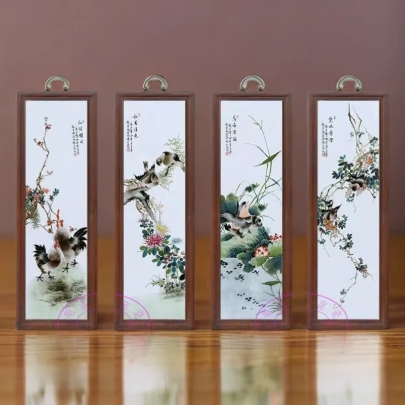 景德镇瓷板画粉彩花鸟金鸡报晓四联屏实木边框80*28cm装饰画