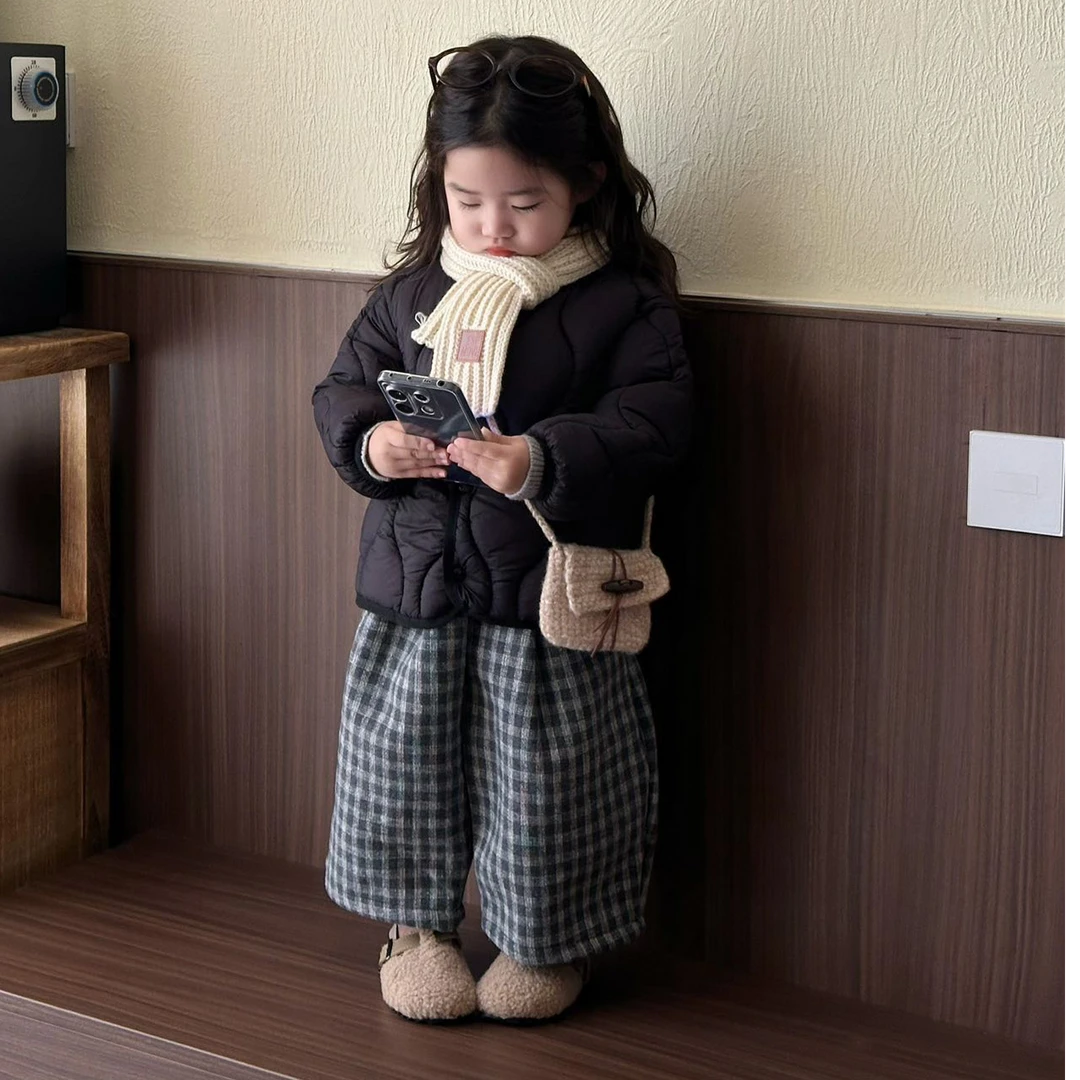 女童薄棉外套春秋男童休闲风套装小童秋季常规款格子阔腿裤秋冬