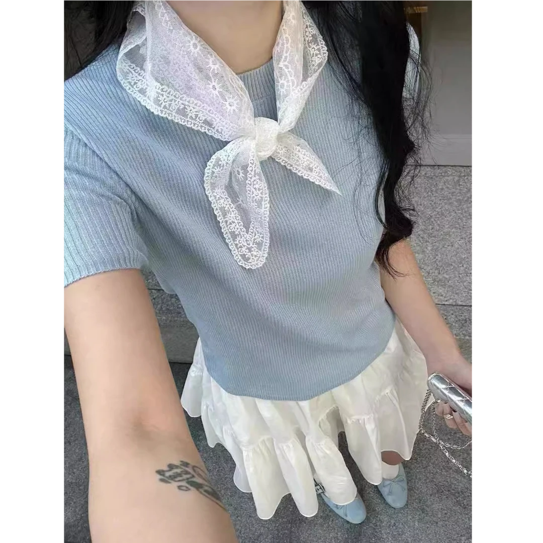 YYZZ 5398温柔风时尚蕾丝披肩圆领短袖针织T恤女洋气显瘦正肩上衣