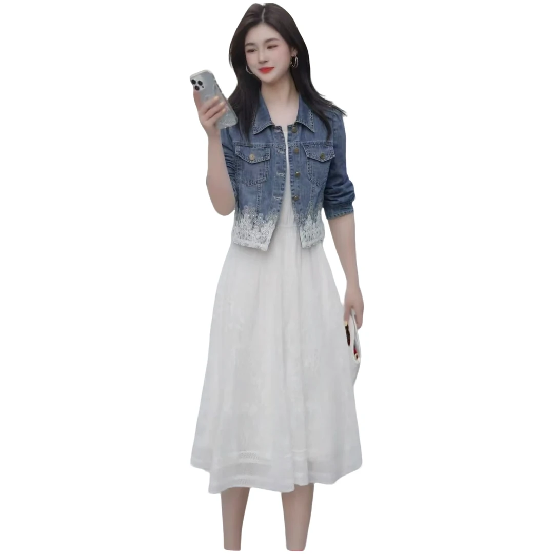 拉夏贝尔时尚套装裙女2025新款显瘦蕾丝花边牛仔外套连衣裙两件套