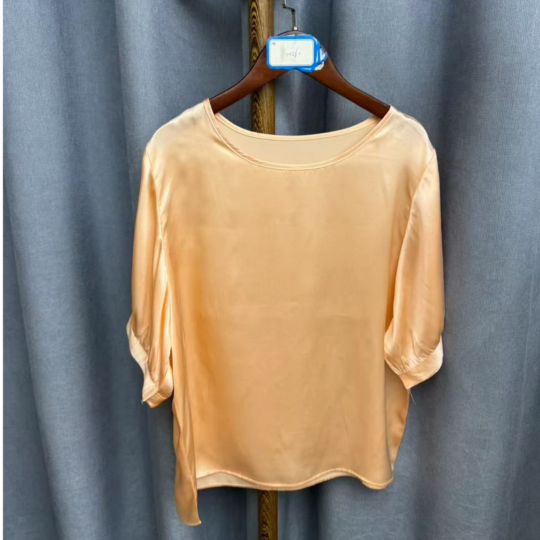 秋季新款休闲时尚圆领桑蚕丝短袖上衣女H560