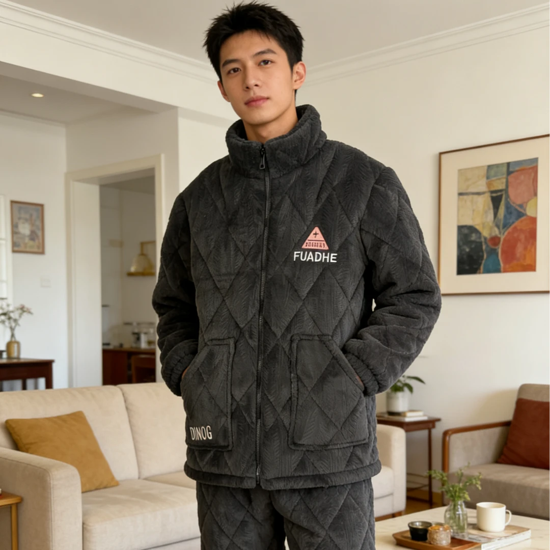三层夹棉冬季常规款男保暖青年睡衣加绒冬天秋冬季家居服套装
