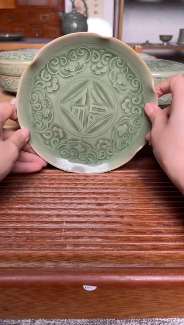 瓷器345耀州窑纯手工花口壶承