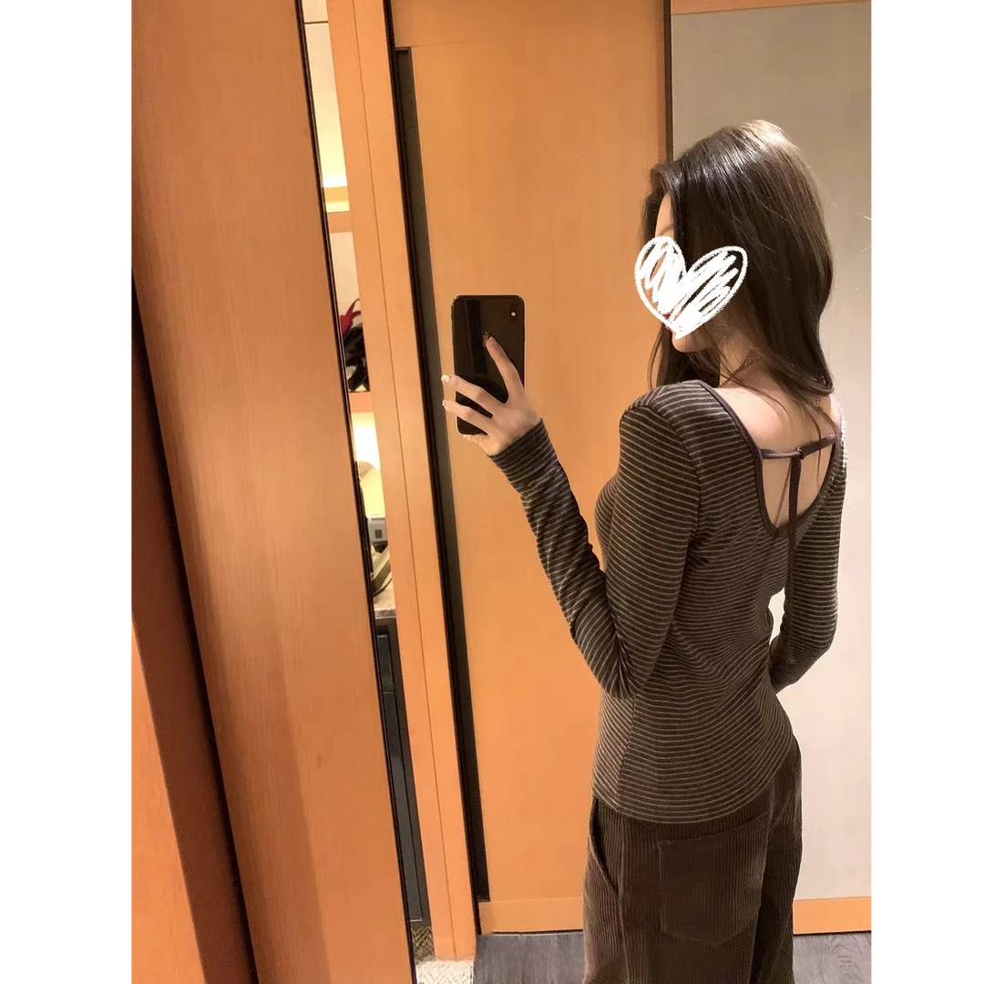 条纹叠叠乐露背系带条纹打底衫女冬季内搭#Y7461