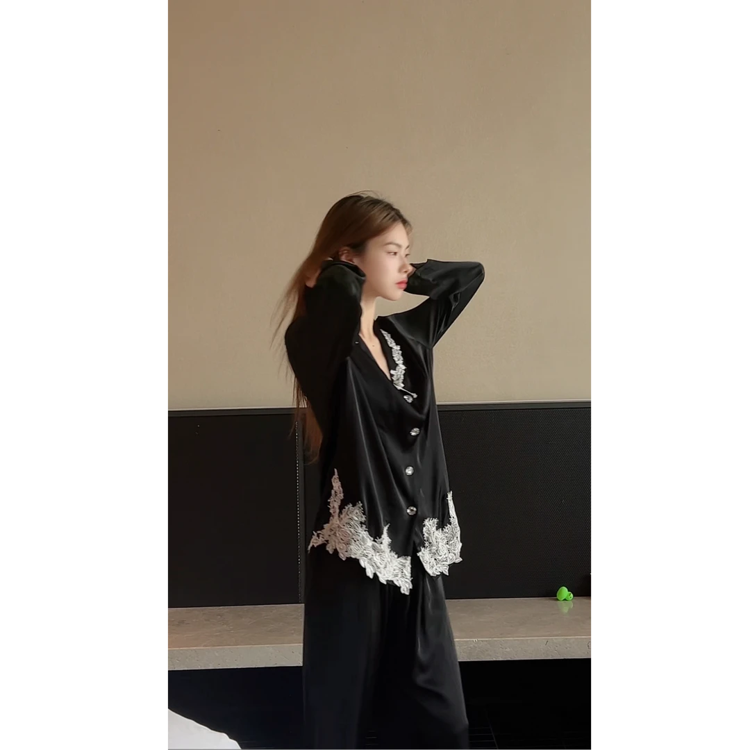 冰雪丝高级感轻奢长袖V领睡衣女春秋季可外穿家居服套装