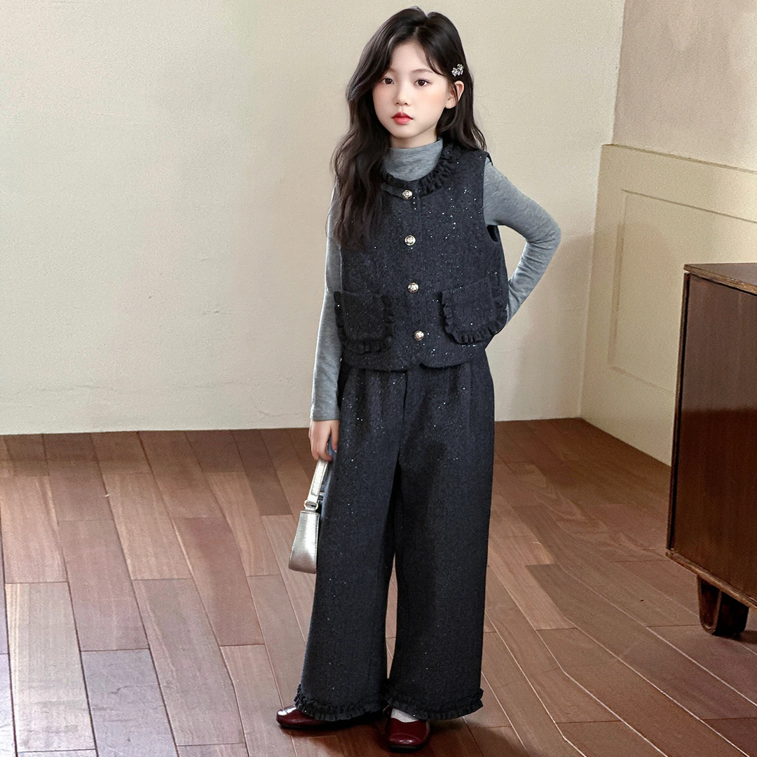 女童毛呢韩系套装秋装2025新款洋气儿童女孩早秋时髦马甲三件套潮