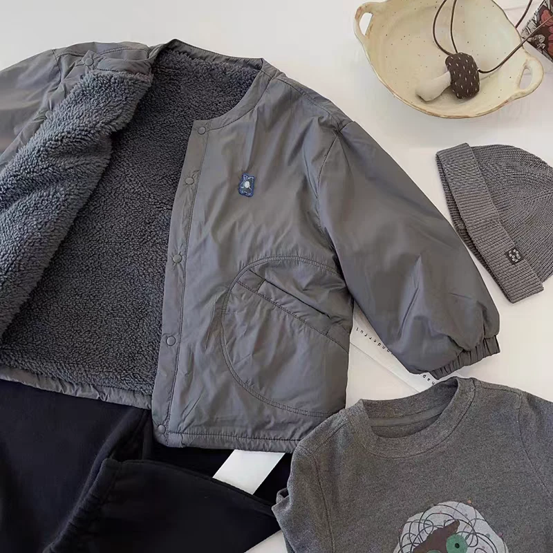 男童深秋韩版帅气加绒外套2025冬新款儿童宝宝洋气保暖夹克棉服潮