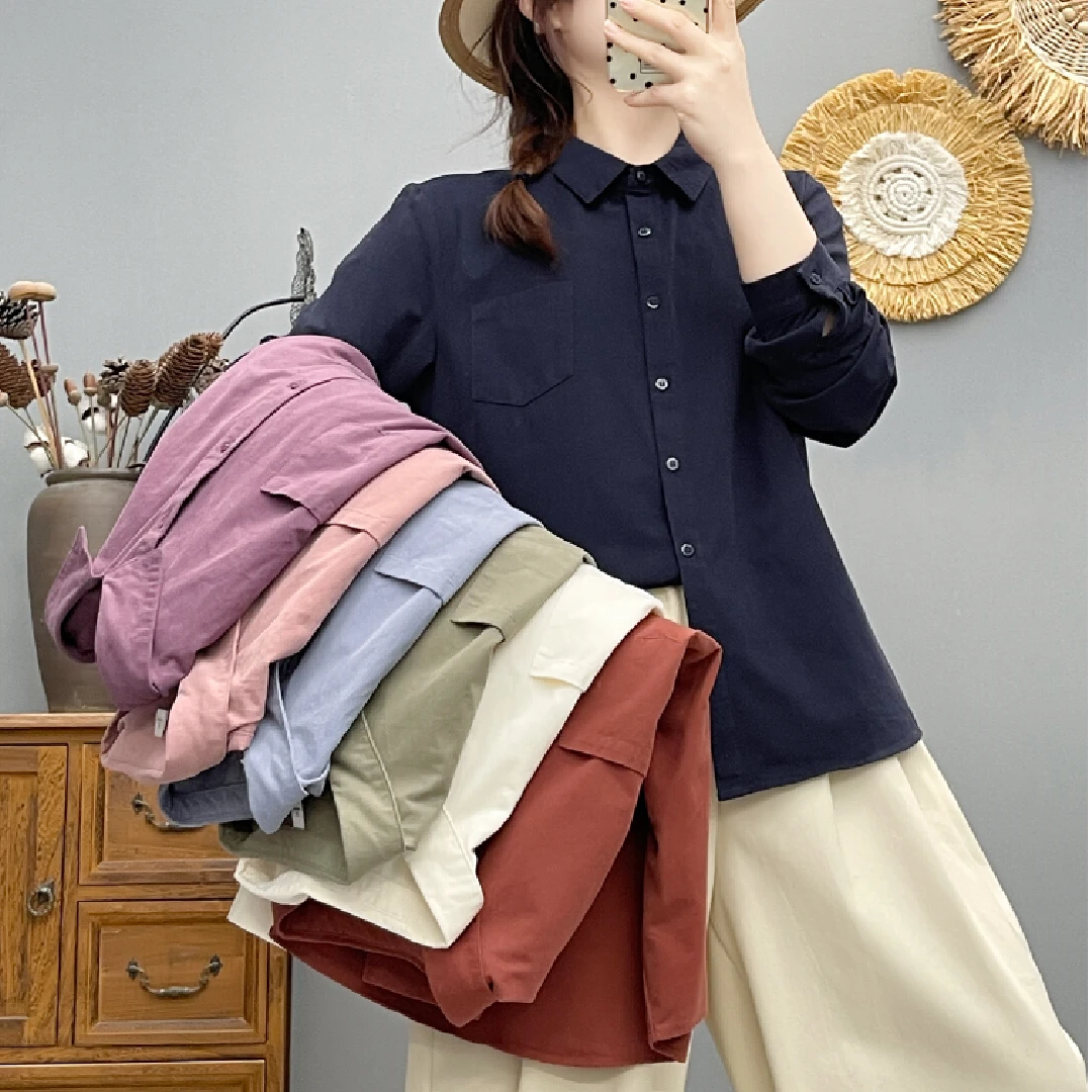 女士纯色衬衫全棉ins春秋纯色衬衣休闲百搭宽松长袖