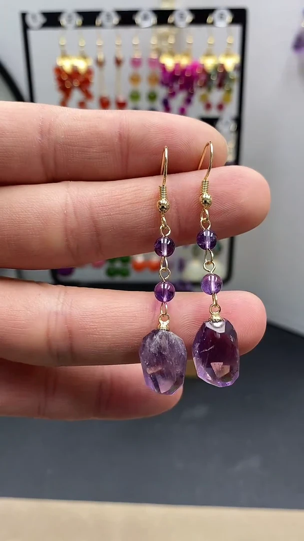 【闪购商品】紫晶耳饰银S925镀金镶嵌随型02