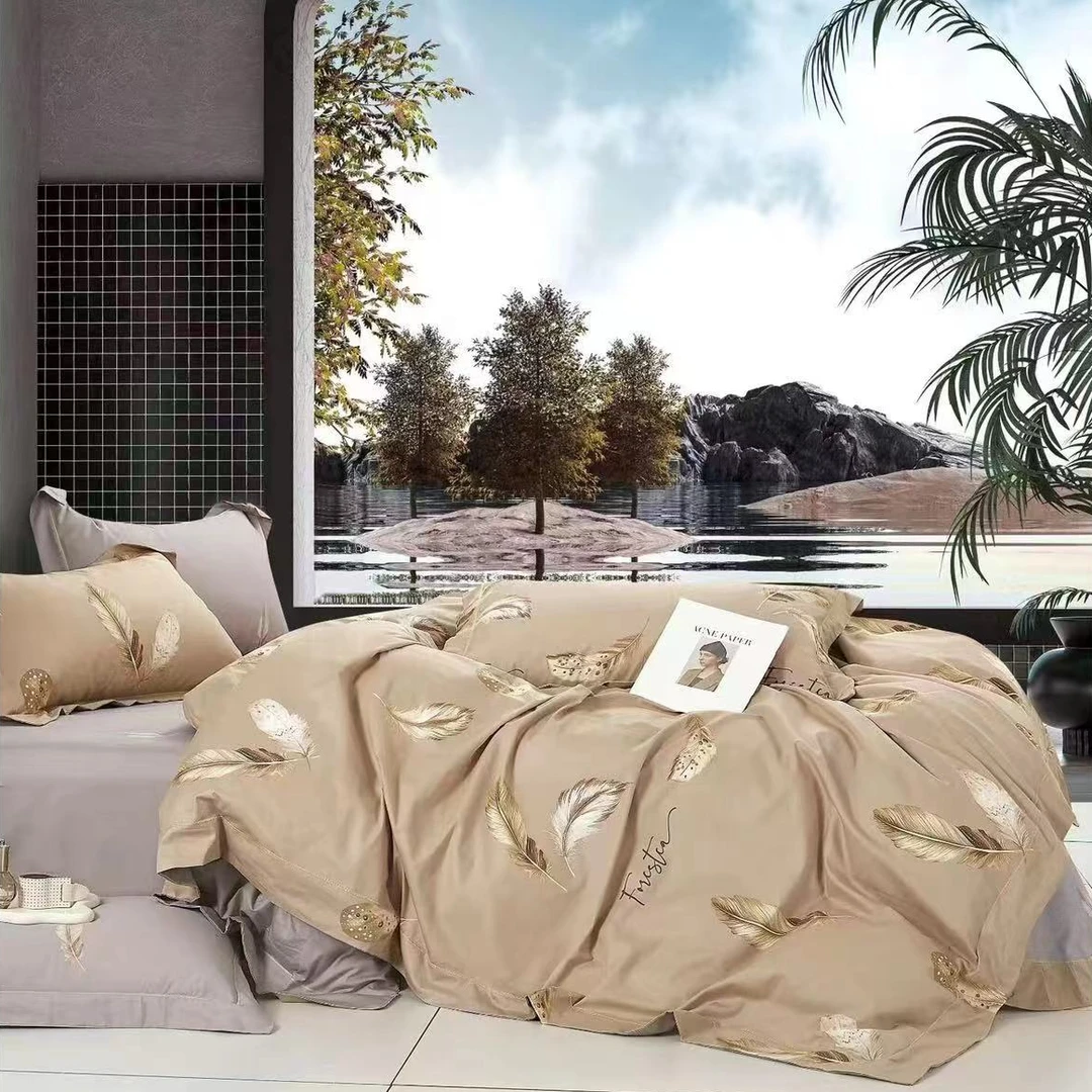 C7373 纯棉铂金60s高端133*76四件套 墨羽云间驼200*230精梳亲肤