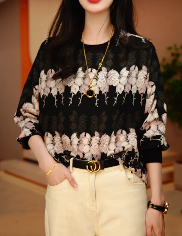 花光柳影-高端长袖时尚上衣女显瘦显白百搭印花圆领减龄