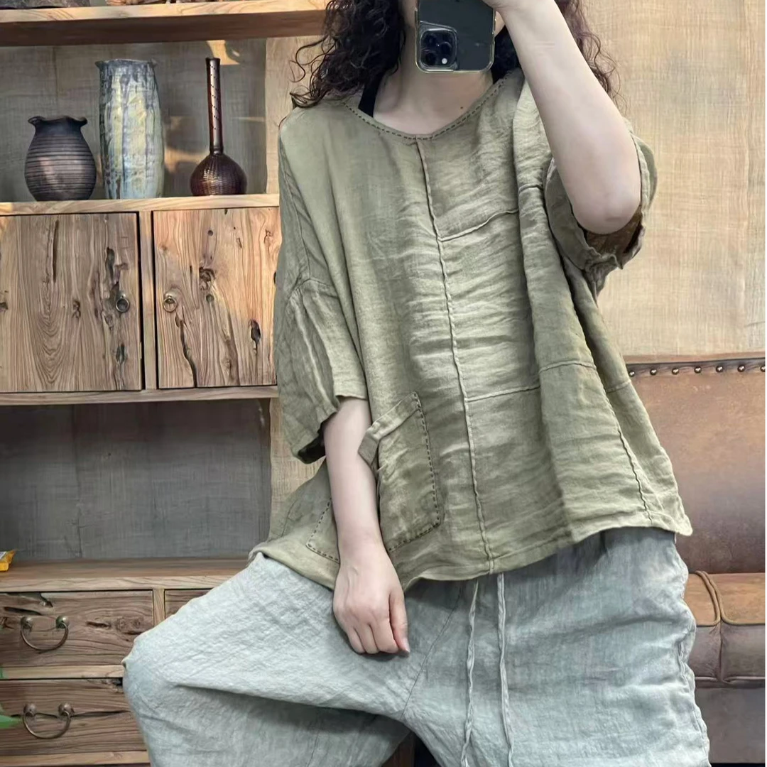 [四月阳光]夏季亚麻炒色拼接复古明线休闲女装上衣(长60胸围140)