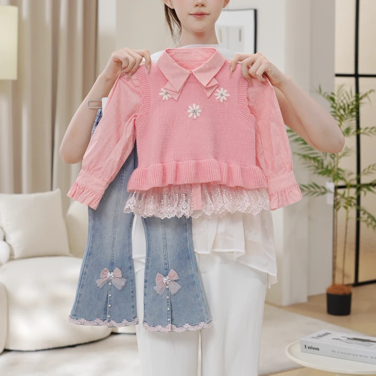 2025女童秋季高级粉针织裙摆马甲毛衣衬衫牛仔裤三件套QA30644