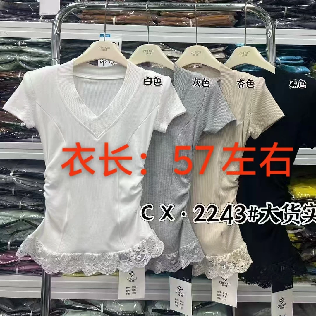 2243 春夏款蕾丝拼接不规则短袖T恤
