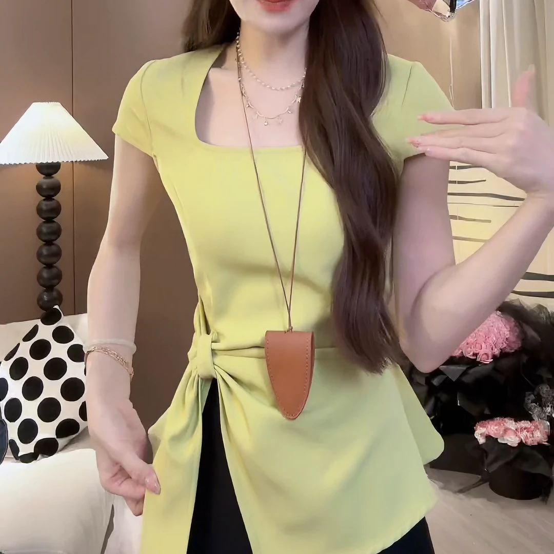 2025夏季小众设计感短袖气质网红系带上衣不规则女装LK2503252