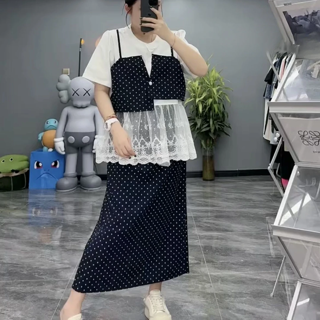 XPP  特体大码千金风时尚设计款假两件上衣＋松紧腰宽松半裙套装