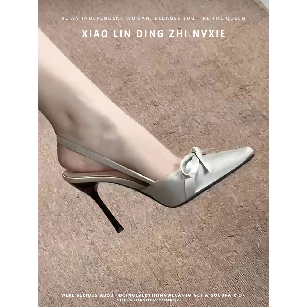 法式气质细跟凉鞋女高级感银色蝴蝶结高跟鞋新款小众绸缎中空单鞋