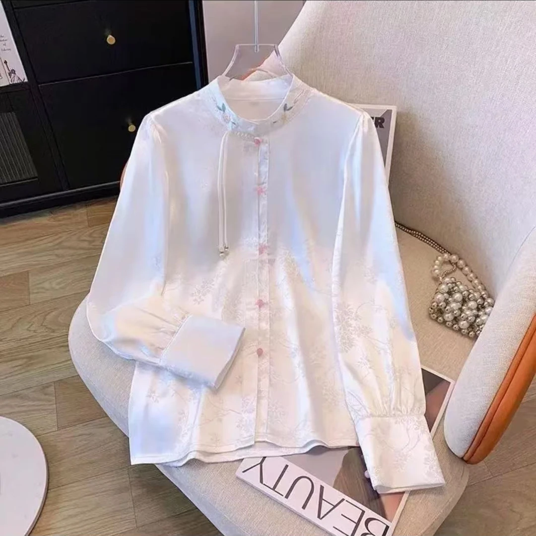 十里桃花 春季新款中式气质国风复古提花立领白色衬衫