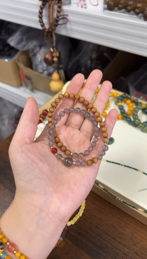 未镶嵌檀香木手串老檀香木玛瑙珠双圈手链[1527]