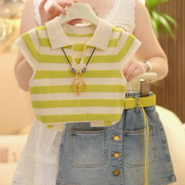 【米小洛】女童套装polo衫针织短袖牛仔裙裤套装夏装条纹百搭短袖