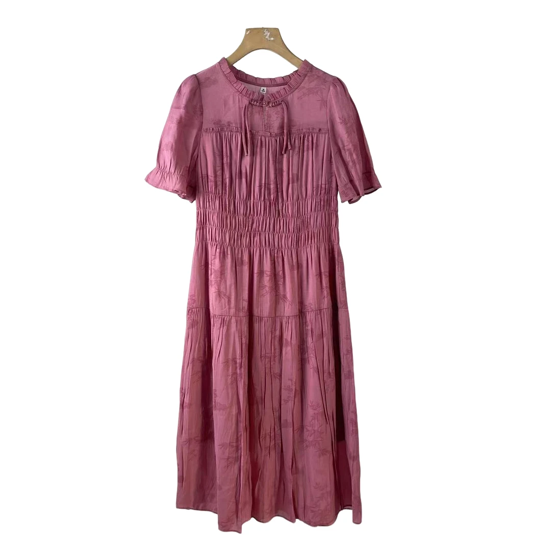 【W486国风紫粉】休闲时尚百搭洋气2025夏季新款短袖中长款连衣裙