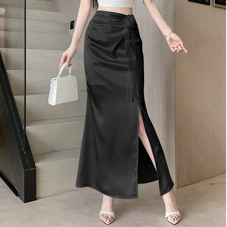墨叠2025新款不规则褶皱蕾丝拼接开叉包臀长裙缎面半身夏季9933