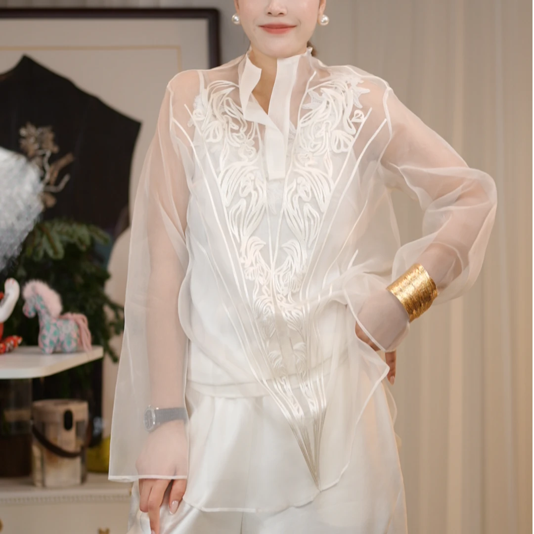 华裔陈总【子语】桑蚕丝手工刺绣立领高定衬衫长袖