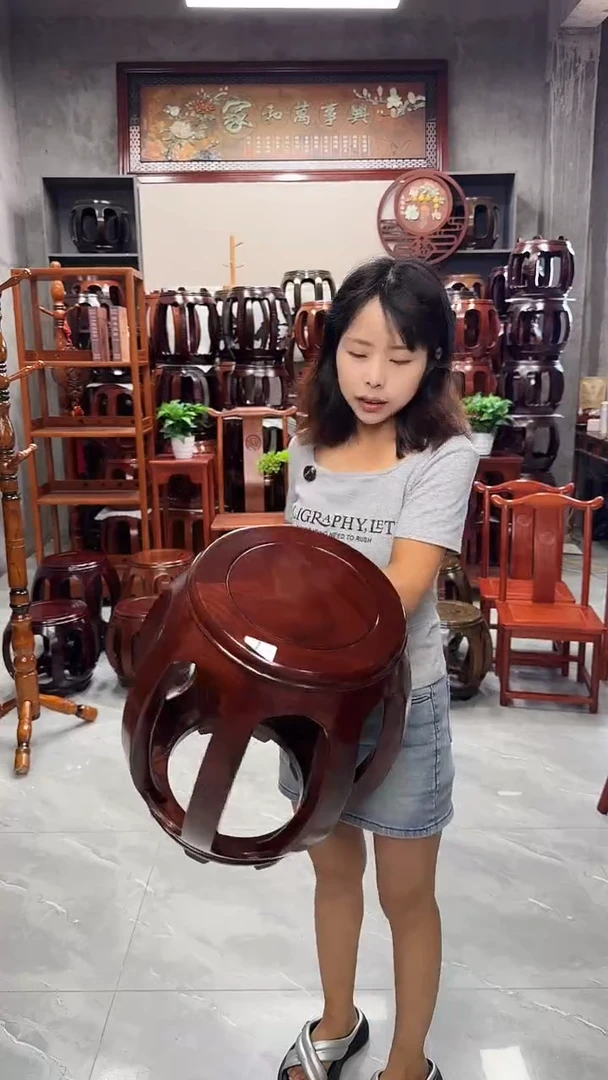 花梨木类家具【微瑕】胡桃色大号鼓凳单个7号