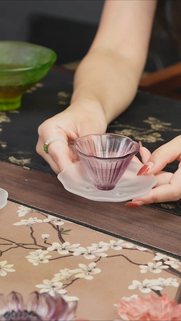 手工艺品琉璃紫色花朵斗笠杯