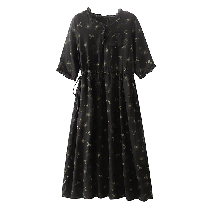 [青禾]100苎麻黑天鹅宽松抽绳收腰5分中袖连衣裙