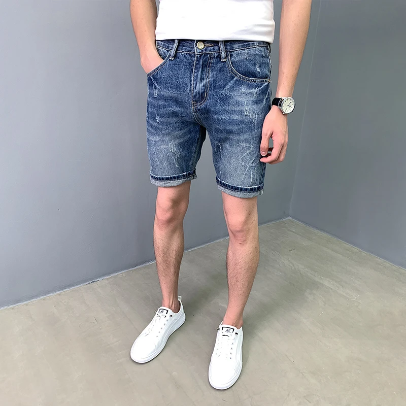 男士休闲牛仔短裤2025新款夏季水洗蓝色修身韩版潮流直筒五分裤