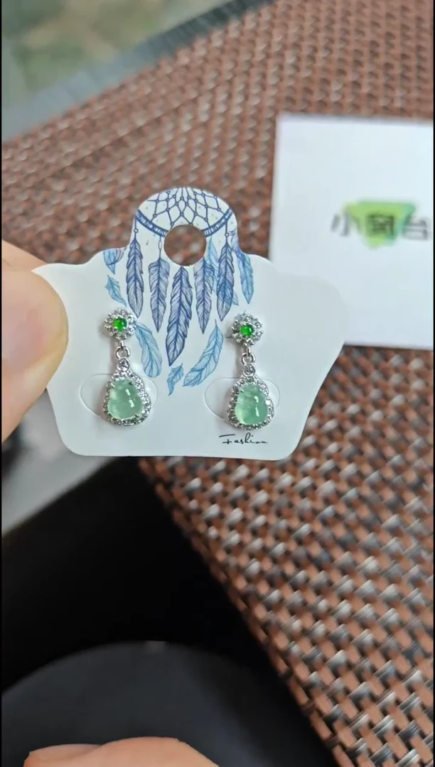 【闪购商品】翡翠耳饰银S925镶嵌翡翠耳饰S925银镶嵌