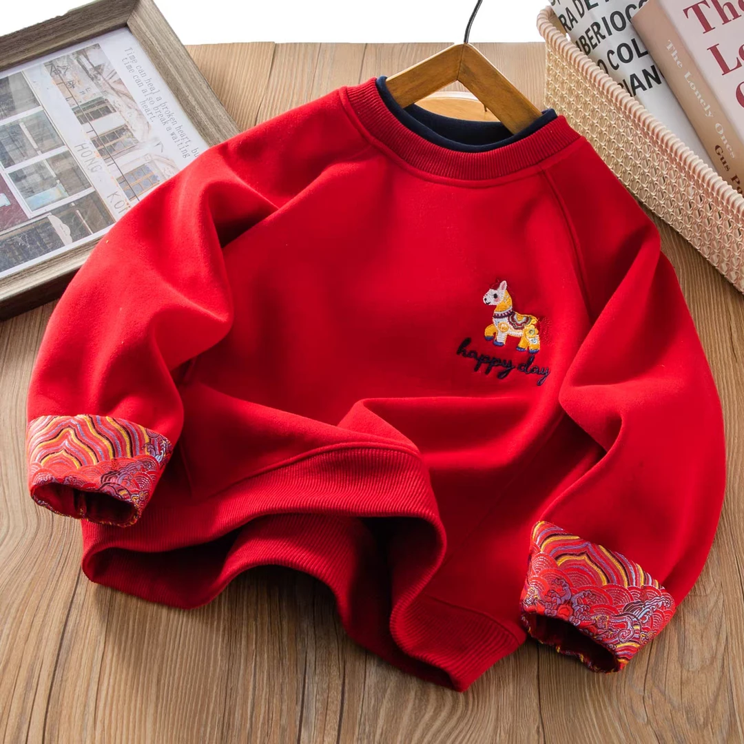 【新年爆款】男女童生肖马帅气时尚喜庆印花加绒卫衣国风潮拜年服