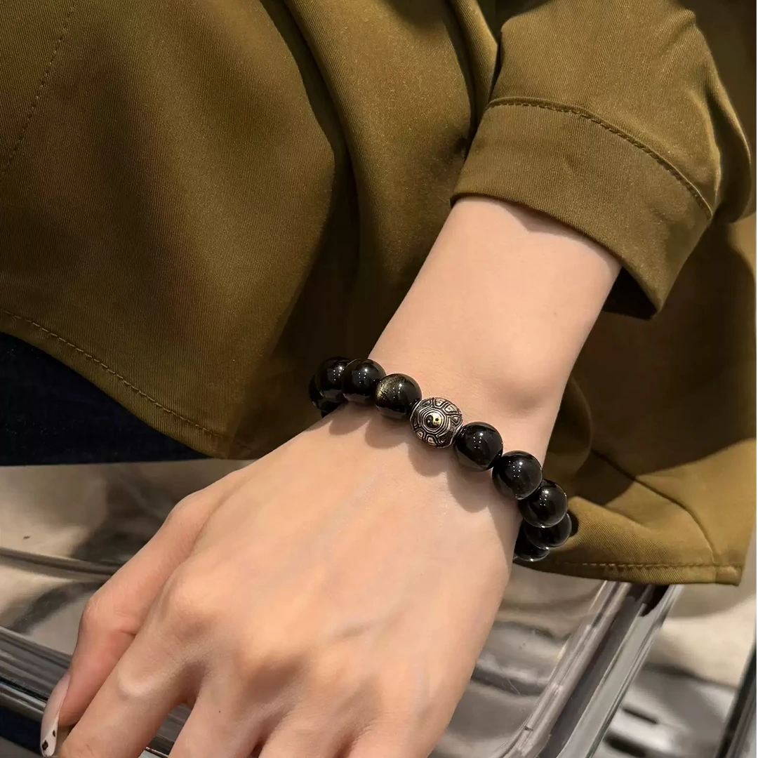 S10965<非晚>s925银金虎眼圆珠金曜石圆珠富甲弹力手串 多样性发