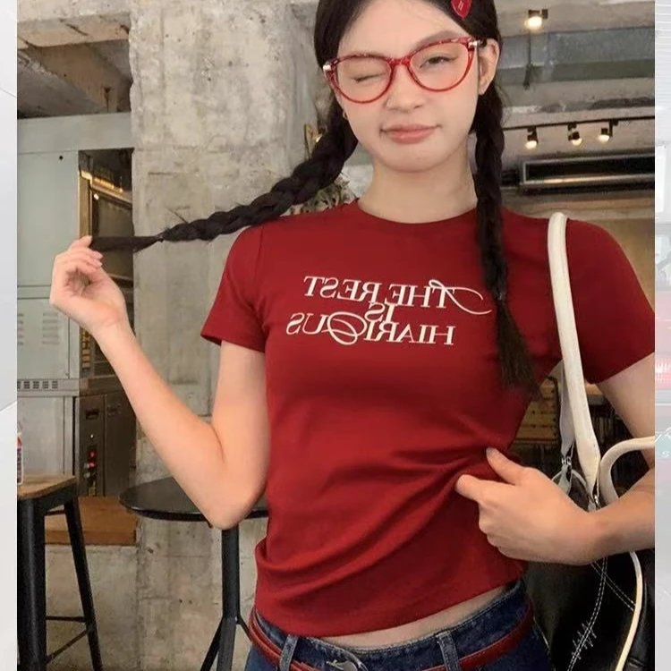 歌幂红色正肩短袖t恤女夏季圆领修身显瘦字母印花女装短款AA6077